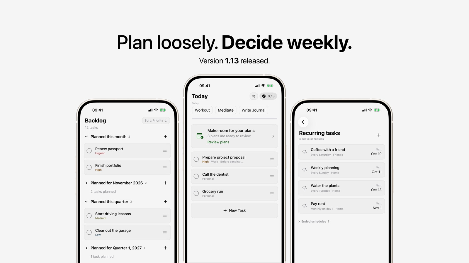 Backlog, Today with the weekly review card, and recurring tasks in Got Done 1.13